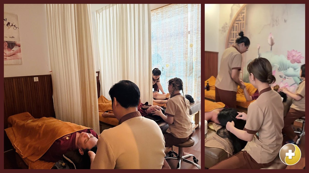 Bấm huyệt vùng đầu cổ vai gáy cho khách tại Vinhomes Grand Park
