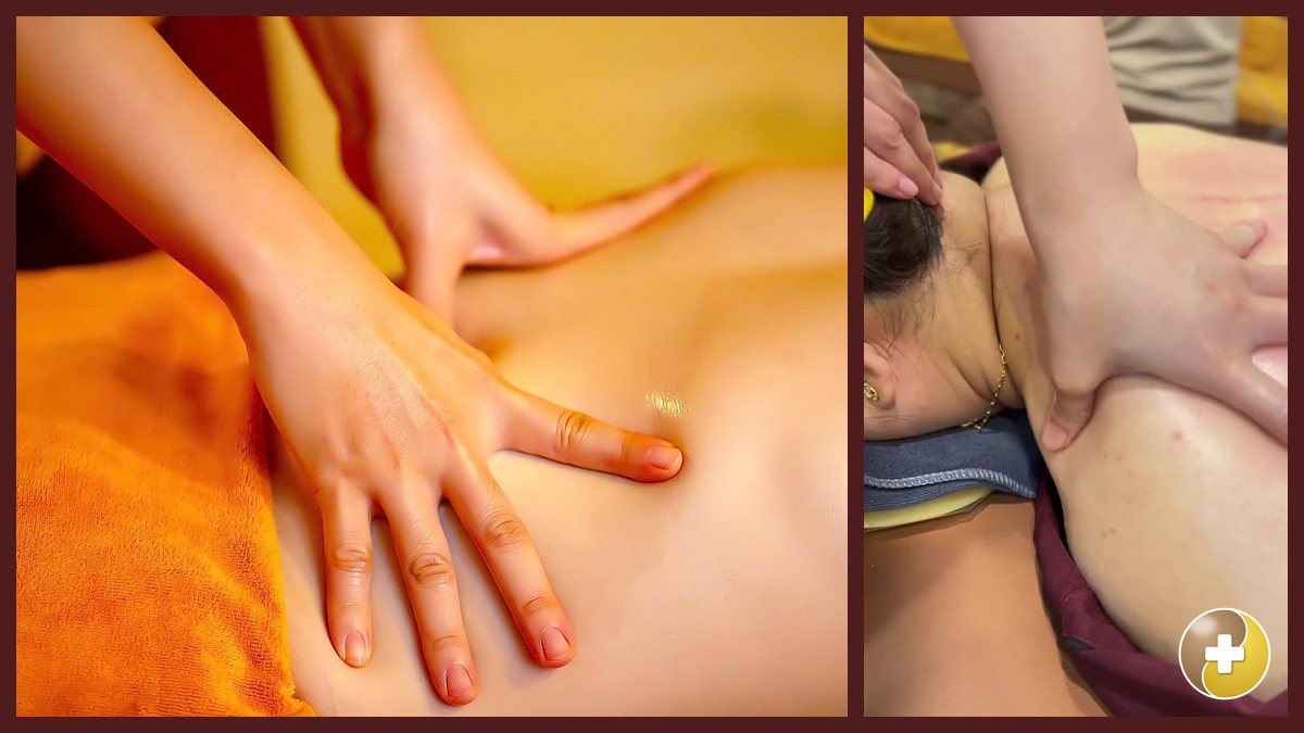 Bàn tay kỹ thuật viên xoa vuốt lưng trong buổi massage Đông y Tống Gia